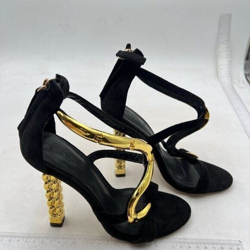 FSJ Women Flower Gold Metal Chain Chunky High Heels Ankle Strap Sandals Black - Picture 4 of 8