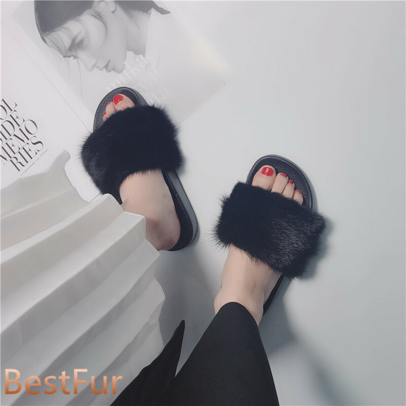 SAOLA Slides donna vera pelliccia di visone sliders spiaggia sandali estivi pantofole scarpe casual