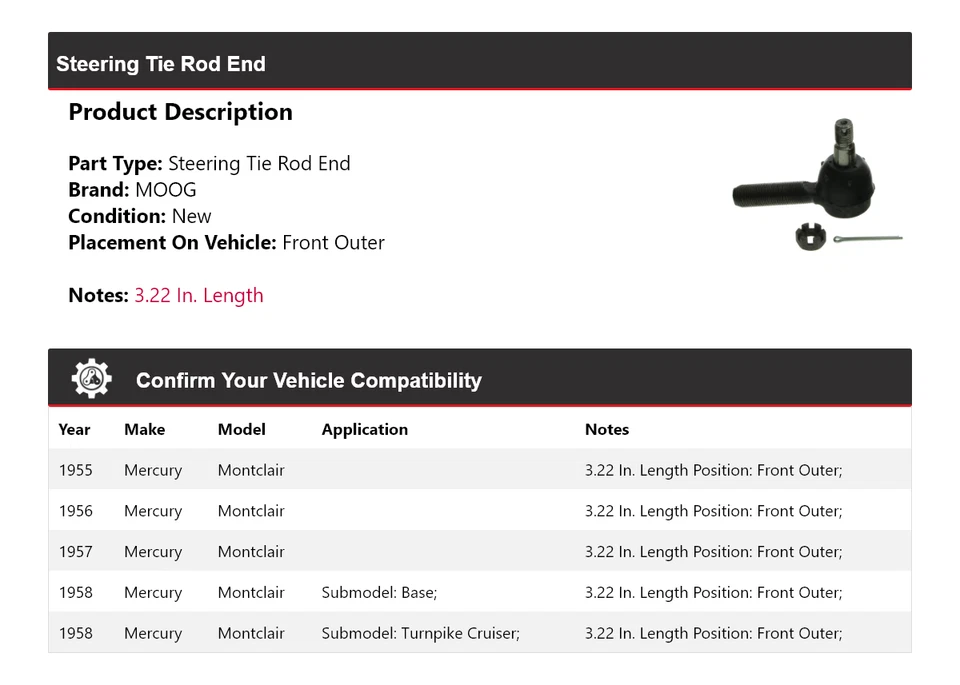 Para 1955-1958 Mercury Montclair Barra de dirección Extremo Delantero Exterior MOOG 1955 1956 Foto 2 de 4