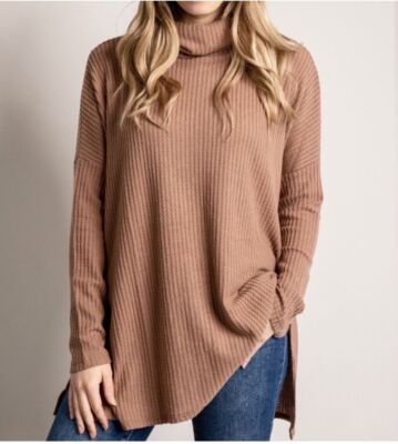 Zenana Thermal Waffle Knit Cowl Neck Hi-Low Tunic Oversized Sweater Cocoa Rayon