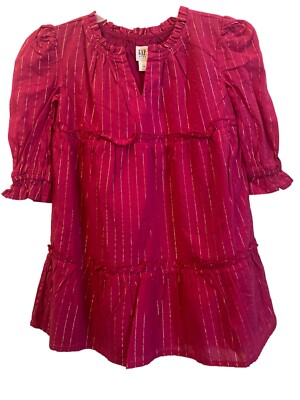 GAP Kids Girls X-Small 4 5 Dress Long Sleeve Ruffle Sleeve Gold Stripes Pink NWT