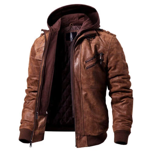 Mens Brown Racer Bomber Motorcycle Hoody Vintage Biker Lamb Leather Zip Jacket