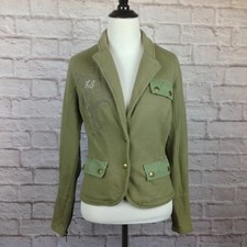 Love Stitch Jacket Women Small Army Green Snap Pockets Elbow Patch Velvet Accent
