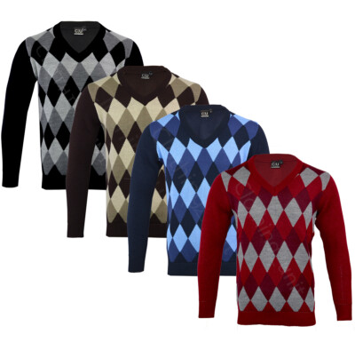  Herren Argyle V-Ausschnitt Langarmpullover Pullover Golf Freizeit S-XXL