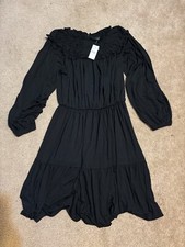Ann Taylor Loft Long Sleeve Dress Black peasant Ruffled Trim Sz. S Small NWT