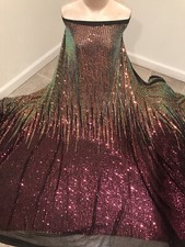 Fuchsia iridescent Black 4way stretch sequins Mesh fabric sold by the yard