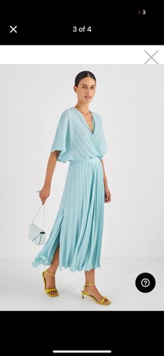 OROTON-AU 14/US 10-BLUE PLEATED AMALFI BLUE CREPE SHORT SLEEVE MIDI DRESS - Foto 5 di 14