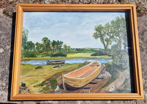 Vintage Jo Crayston Original Oil Painting Riverside Boat Building Scene, Signed