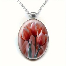 Three Tulips Spring Floral Design Oval Pendant Necklace