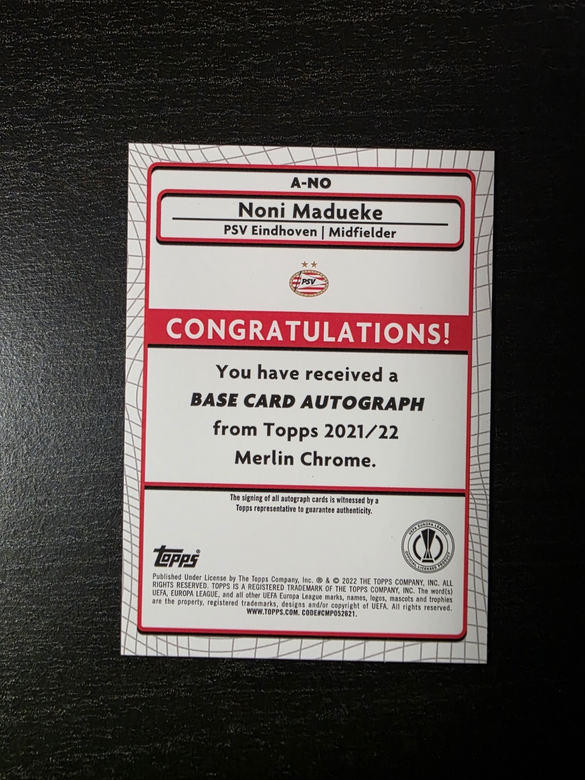 2021-22 Topps Merlin UEFA Noni Madueke Refractor Rookie RC Auto Arsenal view 2