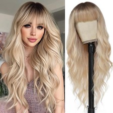 Ombre Blonde Wig with Bangs Long Wavy Wig Platinum Blonde Wigs for Women 26 I...