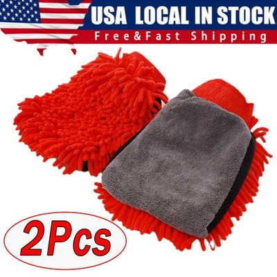 Microfiber Soft Car Wash Chenille Mitt - Hand Wash Gloves (Blue&Red) 2 Pack