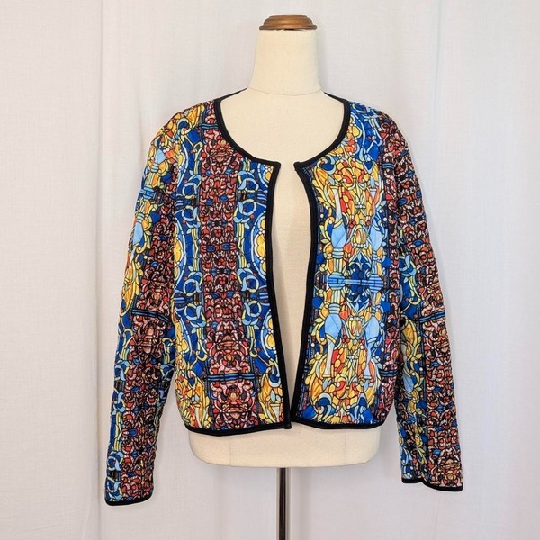 ASOS Stained Glass Window Print Quilted Jacket Size 16 Slightly Cropped Padded