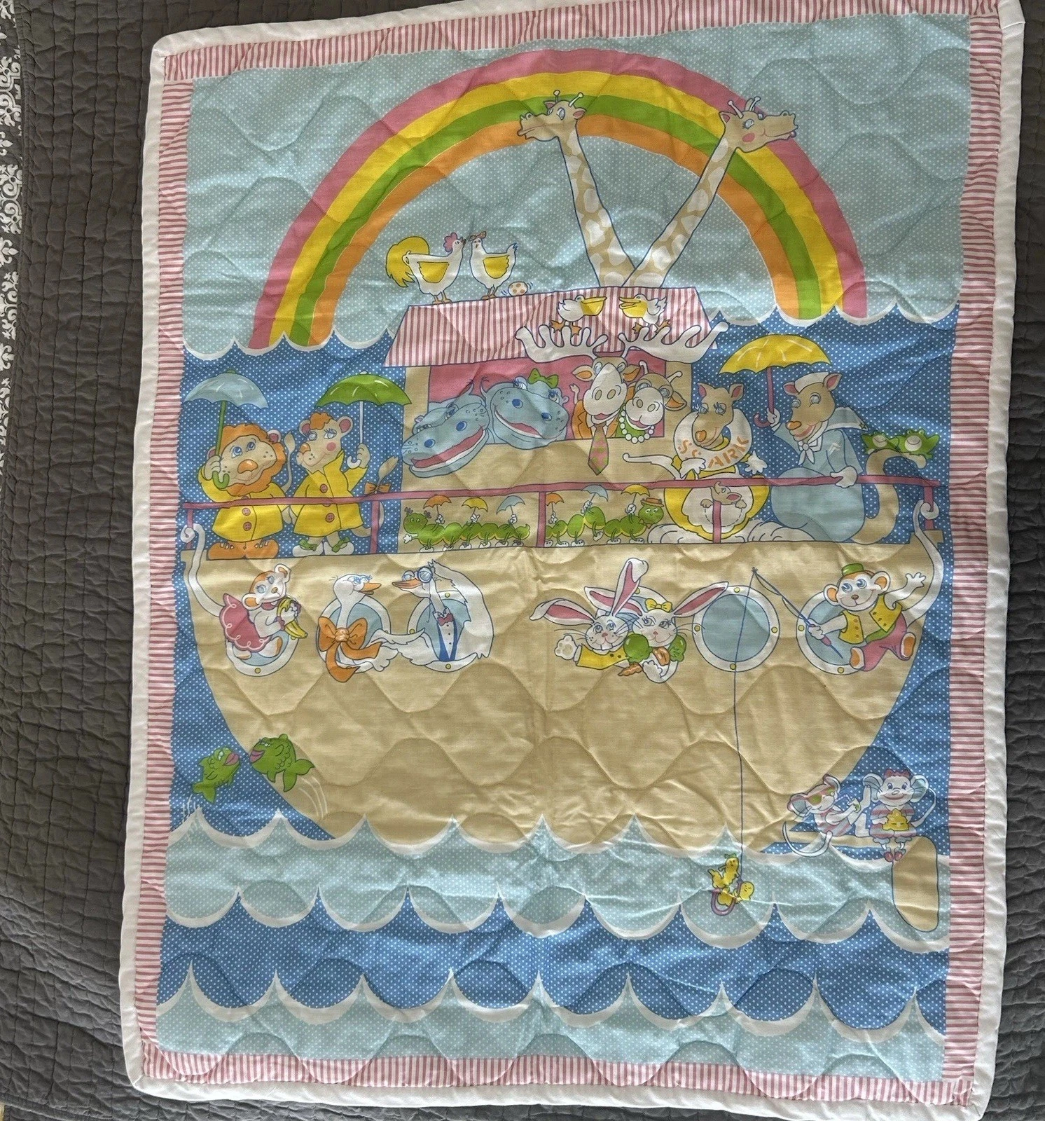 Vintage Noahs Ark Rainbow Crib Bedding Quilt Throw Blanket Wall Hanging
