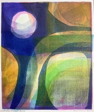 Full Moon Blue Monoprint Original Signed Impressionistic Landscape