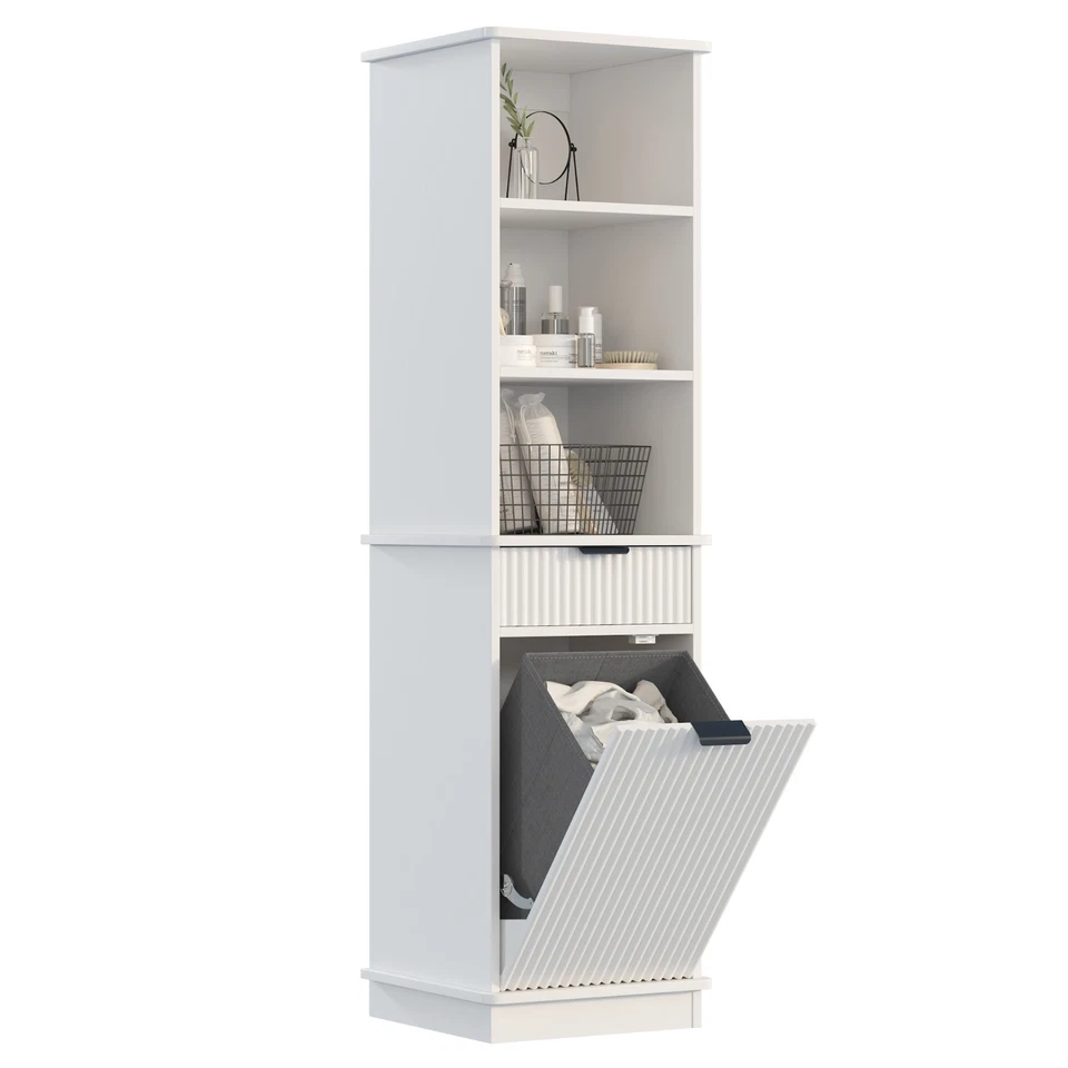 Tall Tilt Out Laundry Hamper Cabinet With Drawer Bathroom Storage Cabinet Shelf - Image 2 of 4