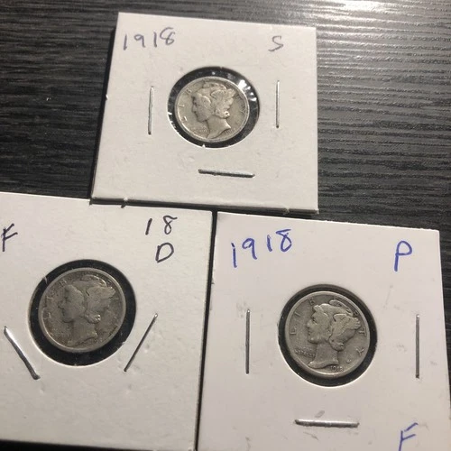 1918-PDS Mercury DIMES. FINE CONDITION. KEY DATES 3 Coins