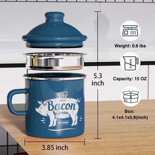 Mini Bacon Grease Container With Strainer - 15OZ Enamel Grease Saver, Farmhou... - Picture 2 of 7