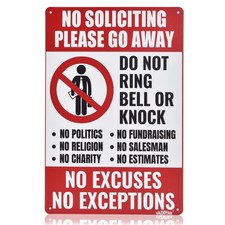 No Soliciting Sign for House,No 12 x 8 inches, Red background with black text