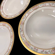 Vtg Mikasa Merrick Rimmed Soup Bowls L5517 Set of 3 Floral Gold Japan 8.5 inches