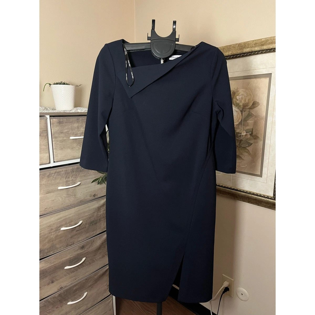 navy asymmetric neck pleated wrap midi dress Calvin Klein Women's for sale Size medium measures 49.25 cocktail outfit Strapless LACE Corset Wedding COLOR:Moroccan Red