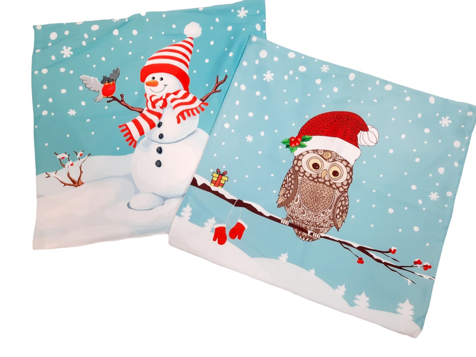 Set of 2 Christmas Throw Pillow Covers Featuring Snowman and Owl in Soft Microfiber