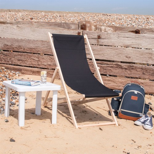 2x Folding Wooden Deck Chairs Adjustable Reclining Canvas Beach Lounger Black - Picture 6 of 7