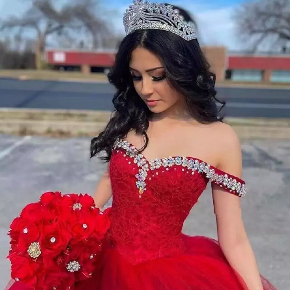 Red Quinceanera Dresses Sweet 16 Princess Beaded Crystal Tulle Lace Up Ball gown