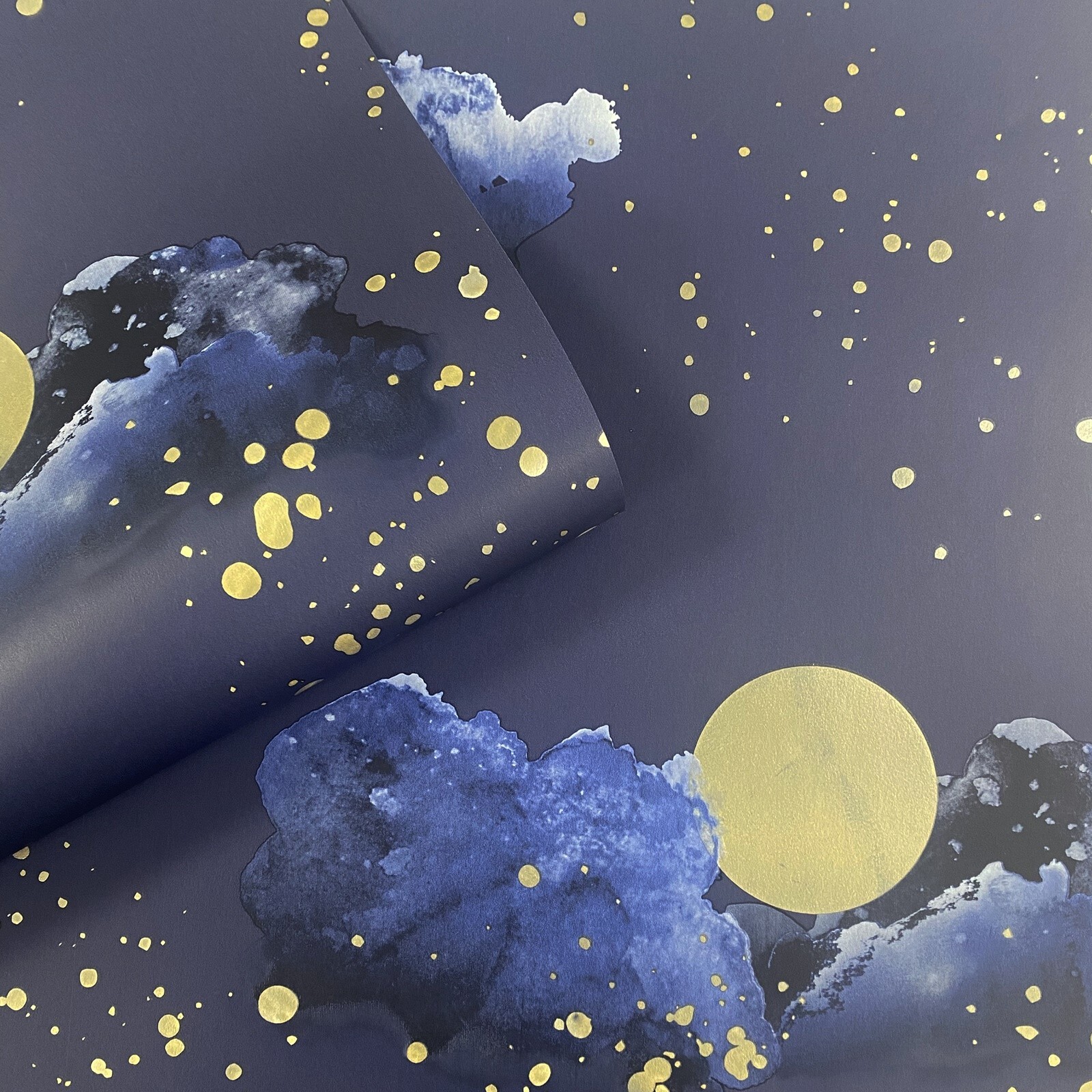 Midnight Blue Metallic Wallpaper Gold Night Sky Moon Stars Clouds