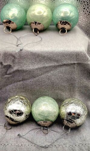 6pc crackle heavy glass kugel style ornaments vintage sea green silver aqua   - Afbeelding 1 van 15