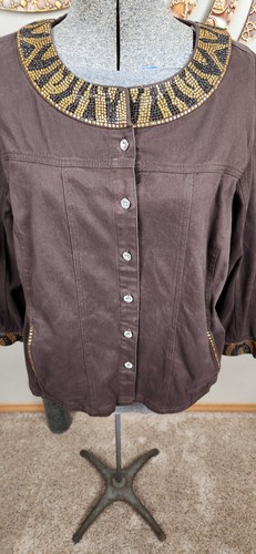Quacker Factory Plus 1X Women's Brown /Chic Rhinestone/ Embellished Jean Jacket - Picture 6 of 20