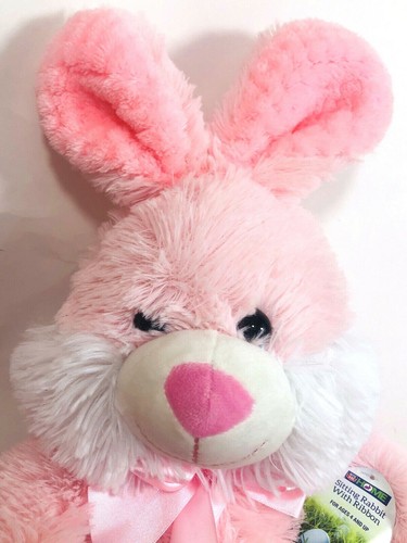 NWT Pink Bunny Rabbit Plush Easter Stuffed Animal 17” Seated Toy Pink Ribbon - Picture 5 of 8