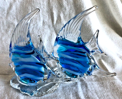 Hand Blown Art Glass Blue White Striped Body Angel Fish Paperweight Figurine 4" - Picture 2 of 7