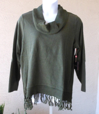 Rafaella Sweater Size 2X Spruce Green Relaxed Cowl Fringe Trim