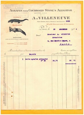 PARIS (XIV°) KLAMMERN für RIEMEN STONE'S ALLIGATOR ''A. VILLENEUVE'' 1928