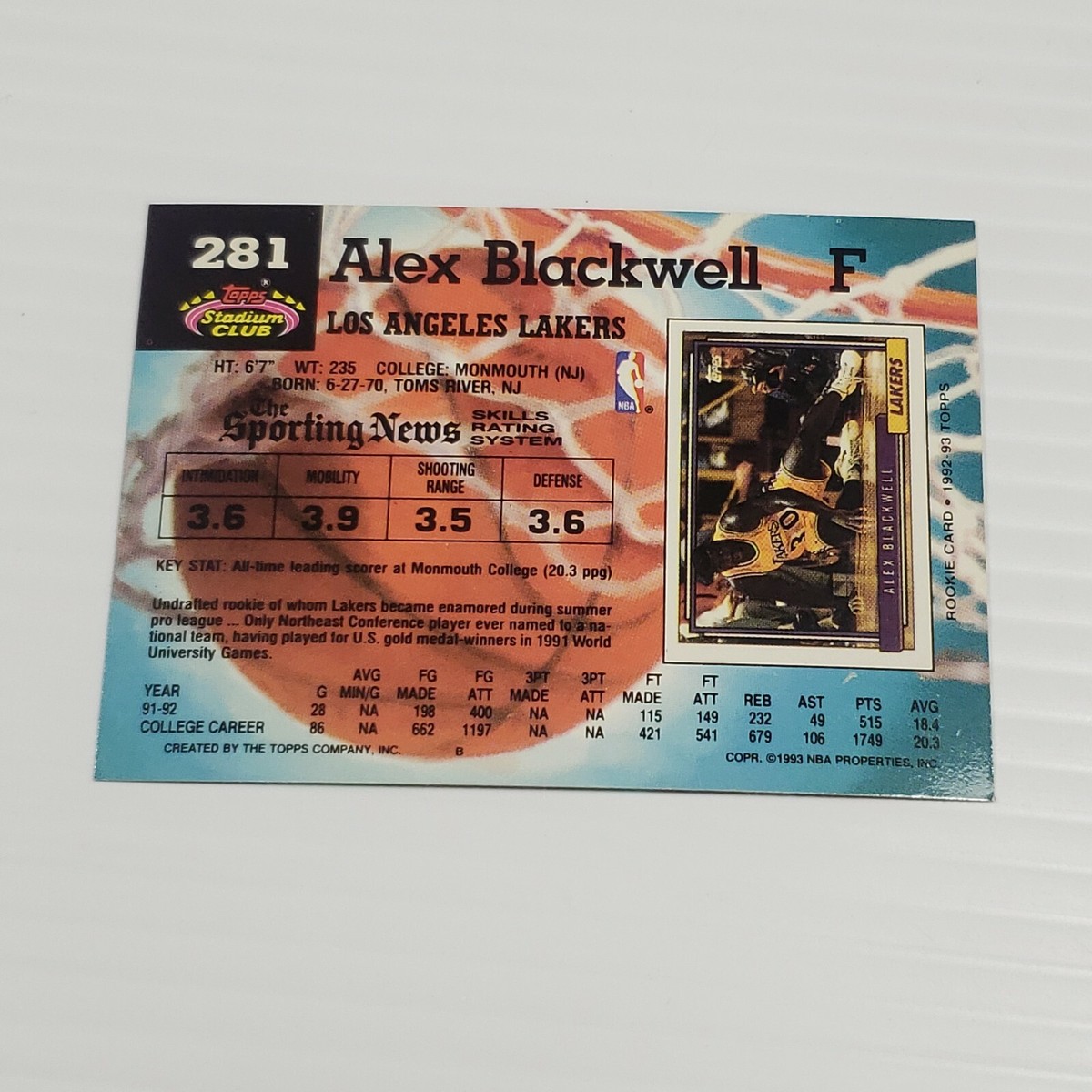 1993 Topps Stadium Club Alex Blackwell #281 NBA Los Angeles Lakers