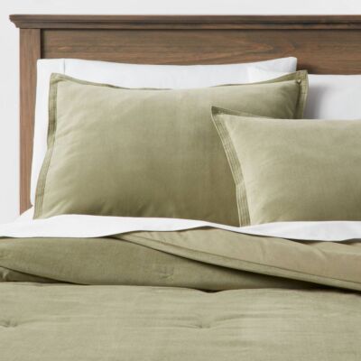Threshold Cotton Velvet Comforter Set Luxurious Solid OEKO-TEX, Green, King