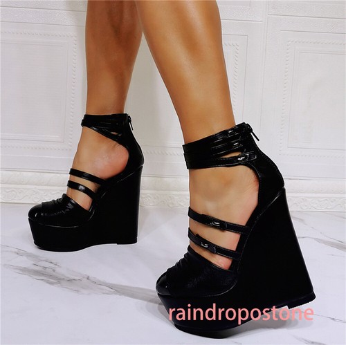 Damen-Sandalen Sommer runde Zehenpartie Knöchelriemen Keilabsatz hohe Absätze Plateauschuhe 36-47 - Bild 11 von 21