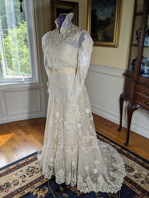 Exquisite Antique ca 1900 Victorian Edwardian Princess Lace Wedding Gown  Dress