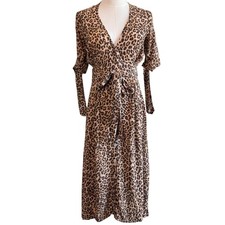 Faithfull The Brand Leopard Midi Dress Brown Womens 4 Tie Waist Button Front