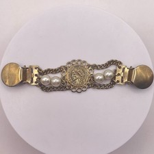 Vintage Gold Tone French Coin Faux Pearl Sweater Guard Cardigan Collar Clip