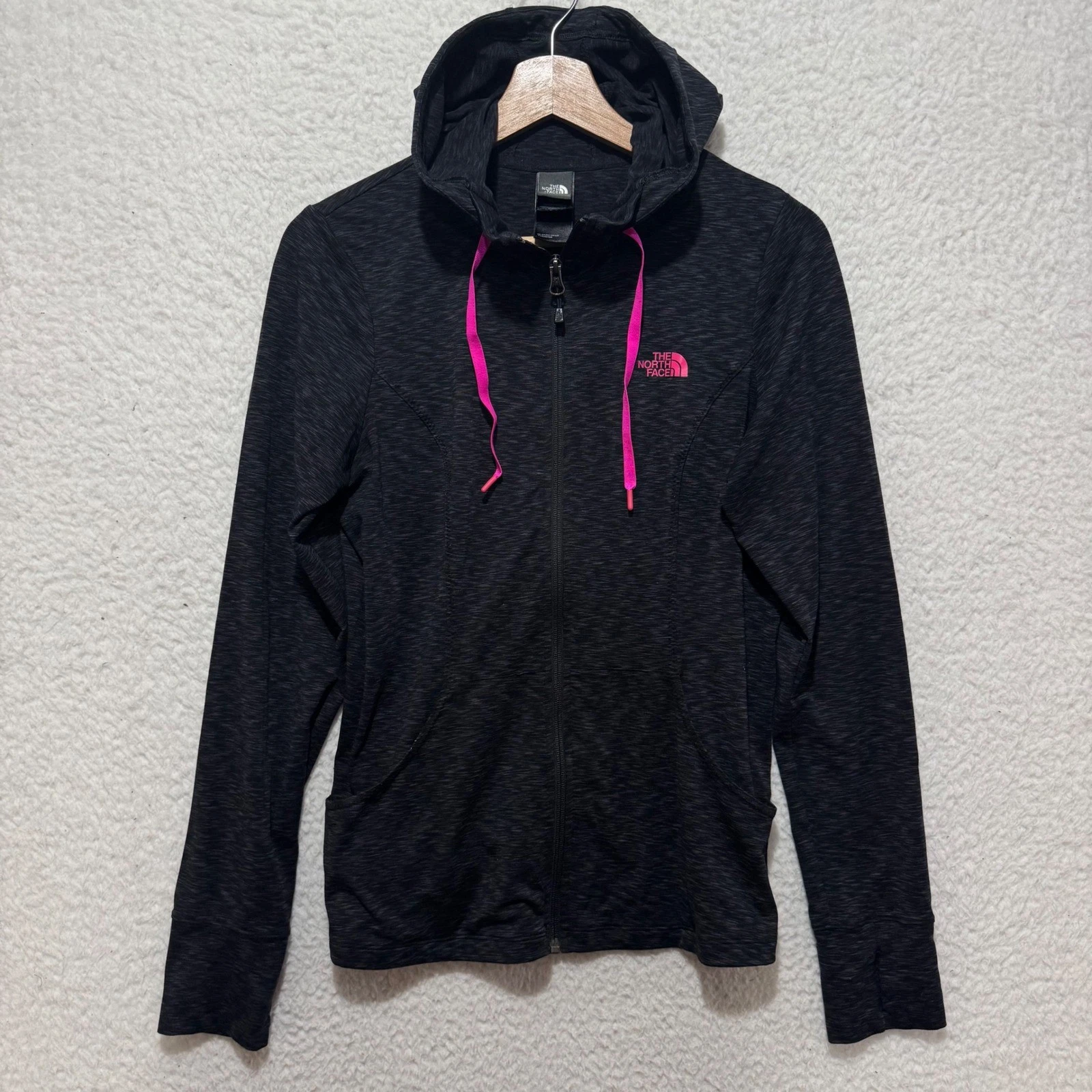 The North Face Womens M Black Heather Full Zip Light Hooded Pink Drawstrings