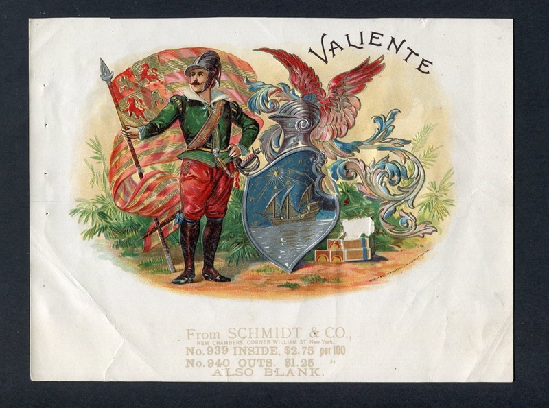 RARE Old Original VALIENTE Sample Cigar Label - SPANISH MAN WITH SWORD & FLAG