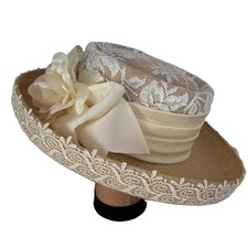 Whittall Shon Beige Straw Dress Hat W/ White Floral Lace And A Rose Accent