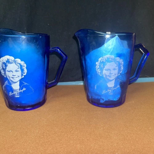 2 Cobalt Blue Depression Glass Pitcher Creamer Shirley Temple Image Hazel Atlas