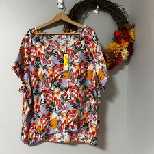 C&C California Womens Plus 3X Resort Boho Lagenlook Bird Lobster Print Top White