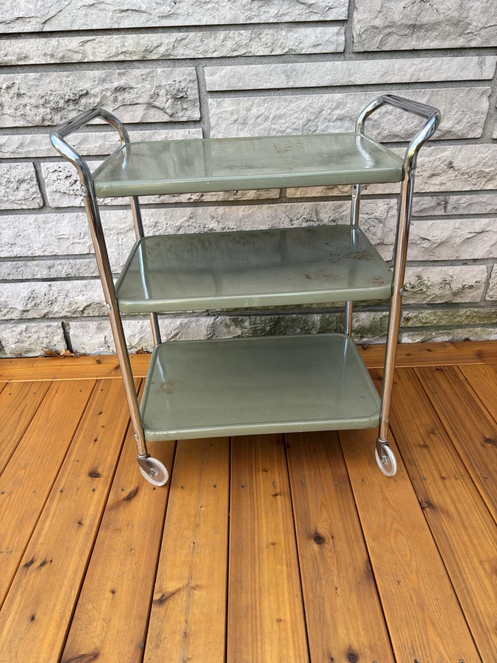 Vintage COSCO Mid Century AVACODO Metal 3 Tier Rolling Kitchen Utility Cart - Image 2 of 4
