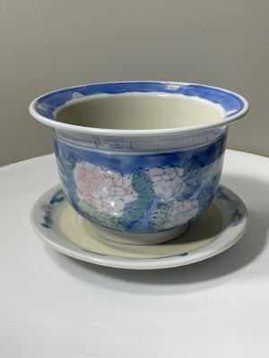 Vtg. Chinoiserie Style Pastel Floral Porcelain Planter with underplate