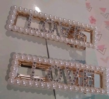 Faux Pearl Rhinestone Hair Barrette Clips LOVE Hair Accessories