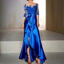 Blue Trumpet Mother Of The Bride Dress Lace Applique Half Sleeves Front Split